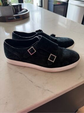 Jimmy Choo Black Suede Double Monk-Strap Sneakers with White Sole- Size 44